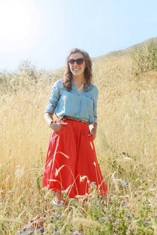 red midi skirt outfit
