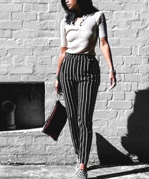 striped black and white pants outfit