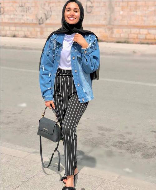 blue white striped pants outfit
