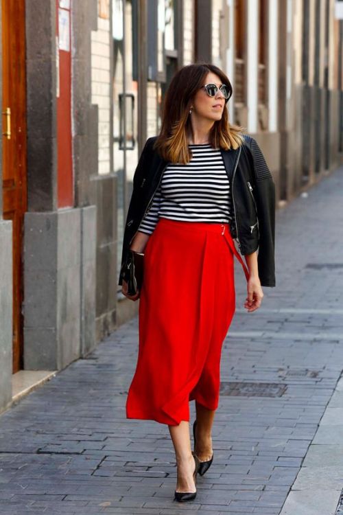 red midi skirt outfit
