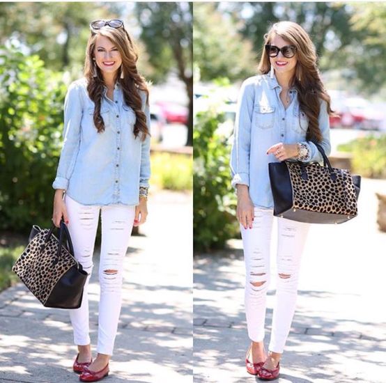 denim shirt with white jeans