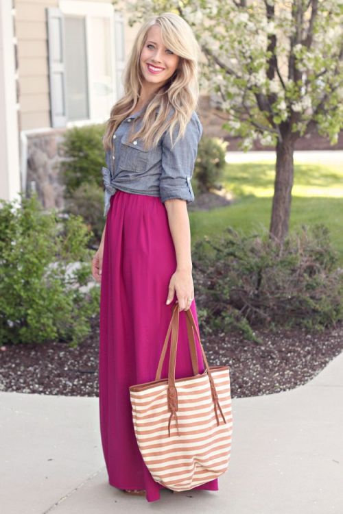 denim shirt and long skirt