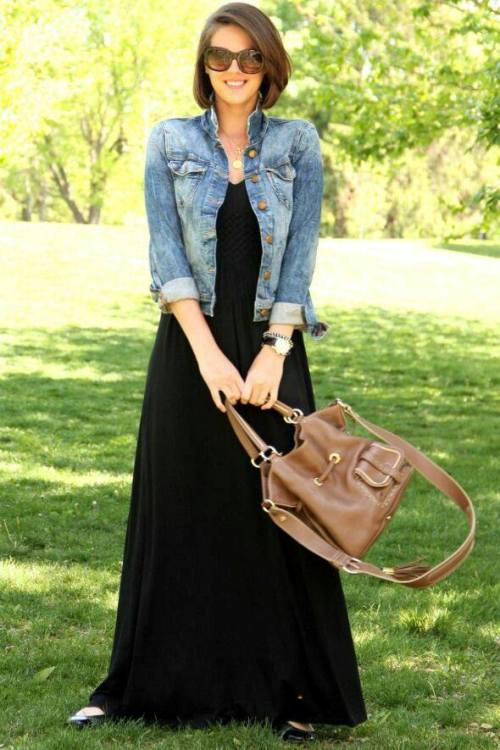 maxi dress with jeans jacket