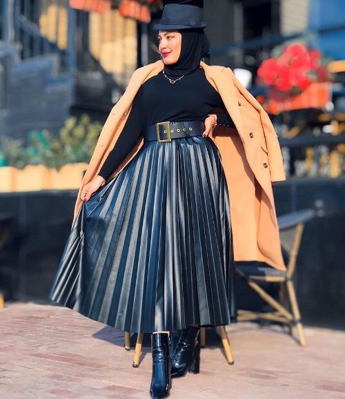 How to style the pleated leather skirt with hijab | Just Trendy Girls